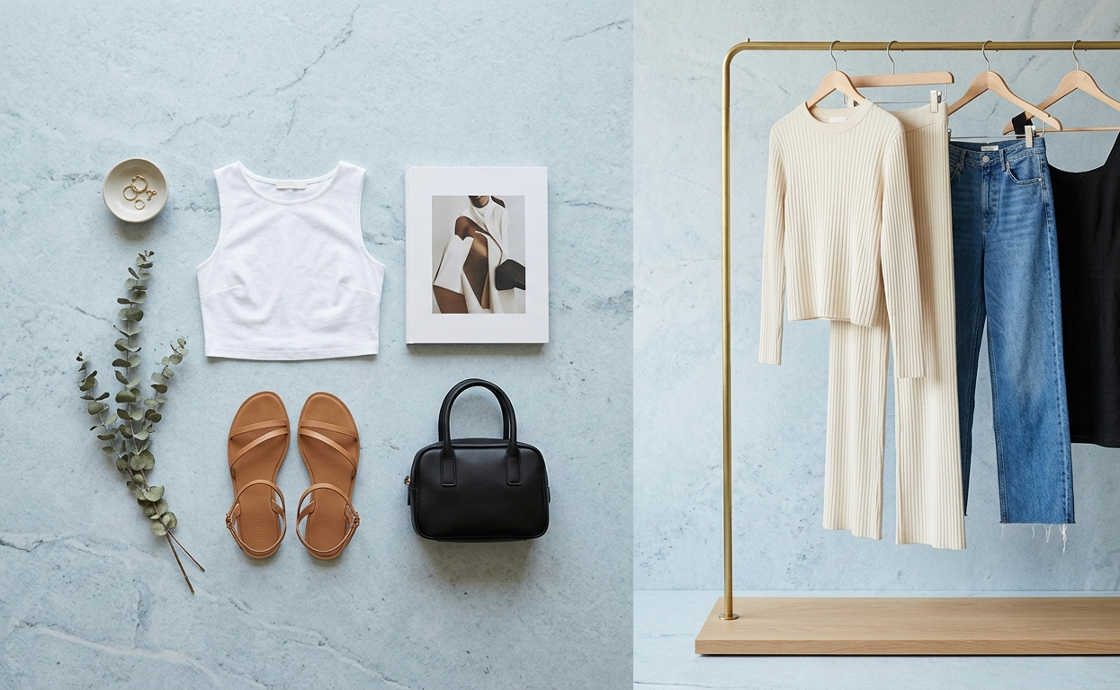 Oralis outfit bundle flat lay with tops, denim, sandals and bag