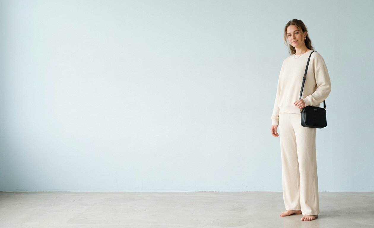 Model wearing a neutral Oralis outfit set on a pale editorial background