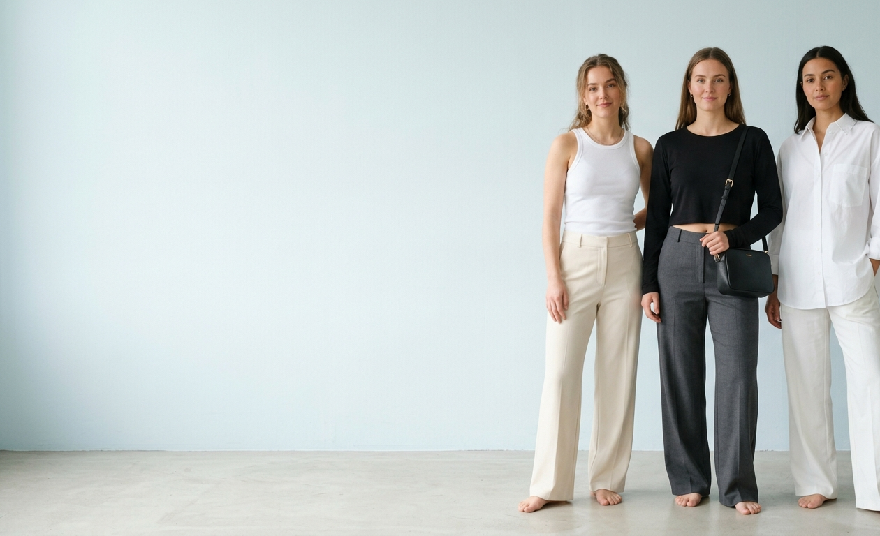 Three models wearing Oralis tops and relaxed wide-leg bottoms